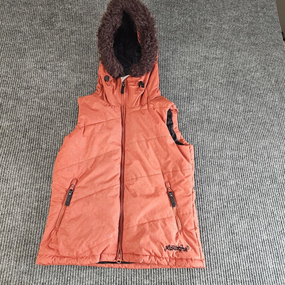 Billabong Vest Womens Small Orange Heavy Weather Hooded Faux Fur Trim Warm